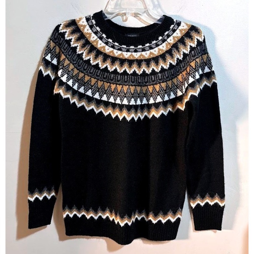 Talbots Fair Isle Geometric Pattern‎ Crew Neck Sweater Black XS NWT